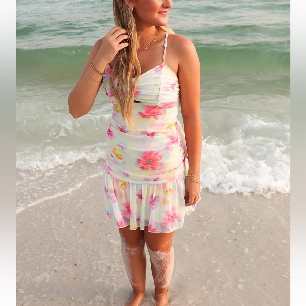 SHEIN Watercolor Floral Mesh Ruffle Halter Dress